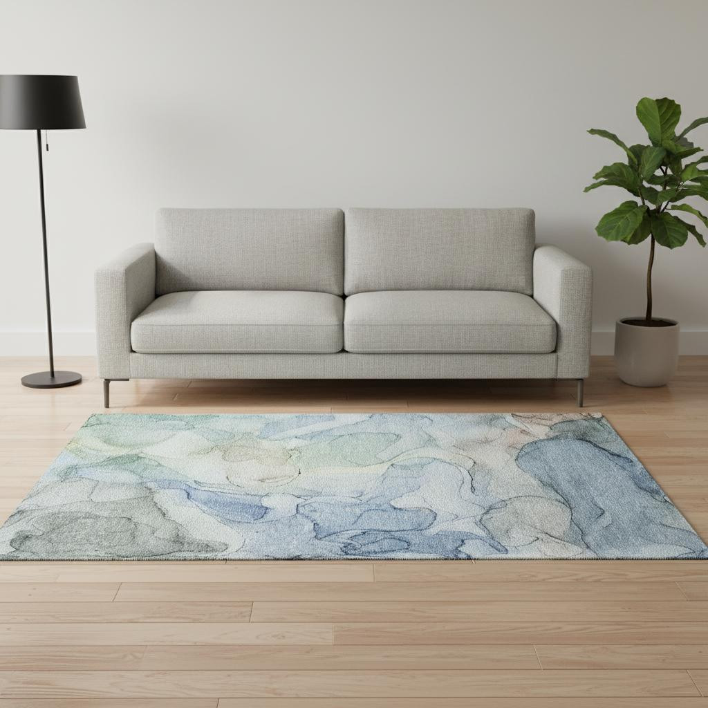 647004 5 x 8 ft. Blue & Ivory Abstract Transitional Washable Machine Made Rectangle Area Rug with UV Protection