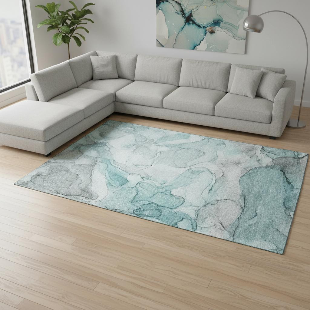 647013 9 x 12 ft. Teal & Ivory Abstract Transitional Washable Machine Made Rectangle Area Rug with UV Protection