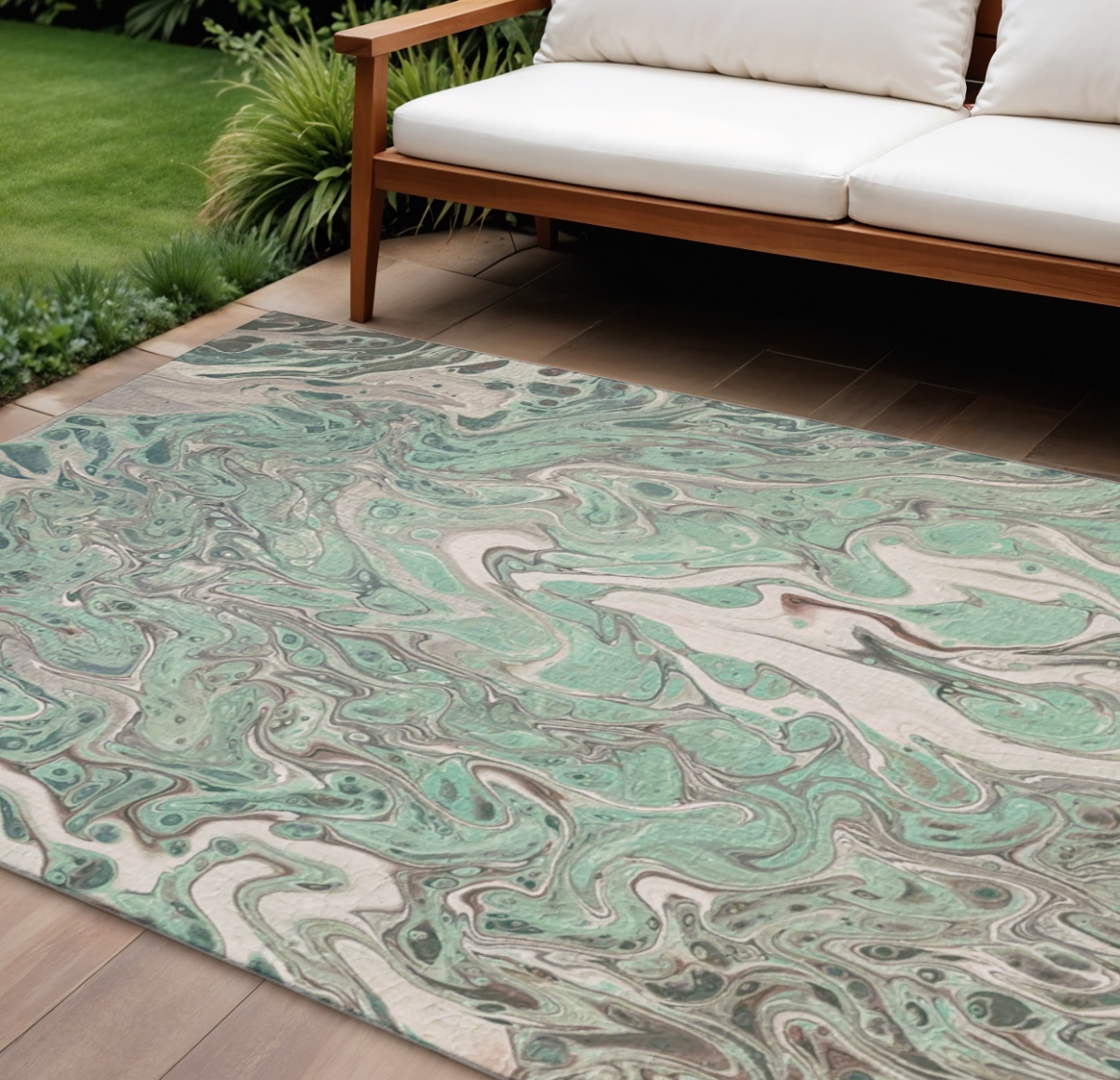 643401 9 x 12 ft. Mint Green & Ivory Abstract Washable Contemporary Indoor & Outdoor Rectangle Area Rug