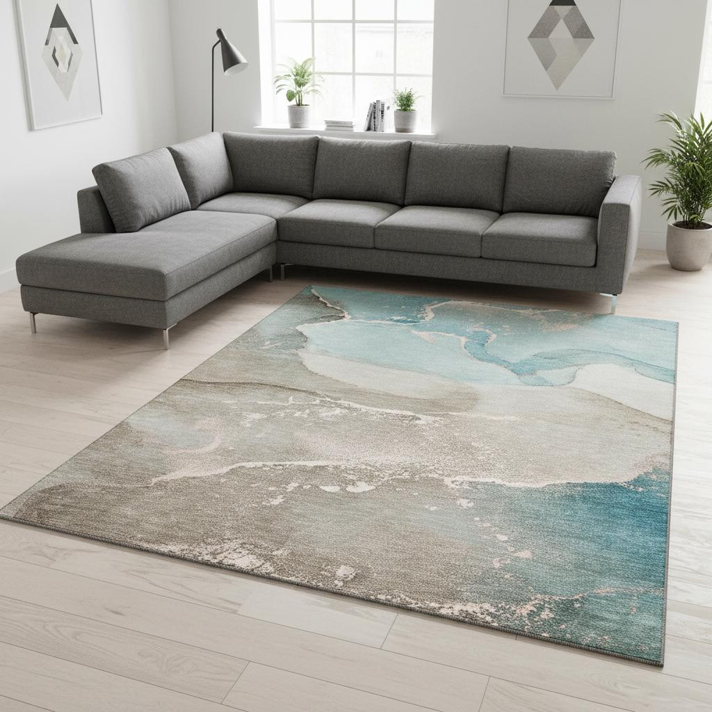 647218 10 x 14 ft. Teal Beige & Ivory Abstract Washable Machine Made Rectangle Area Rug with UV Protection