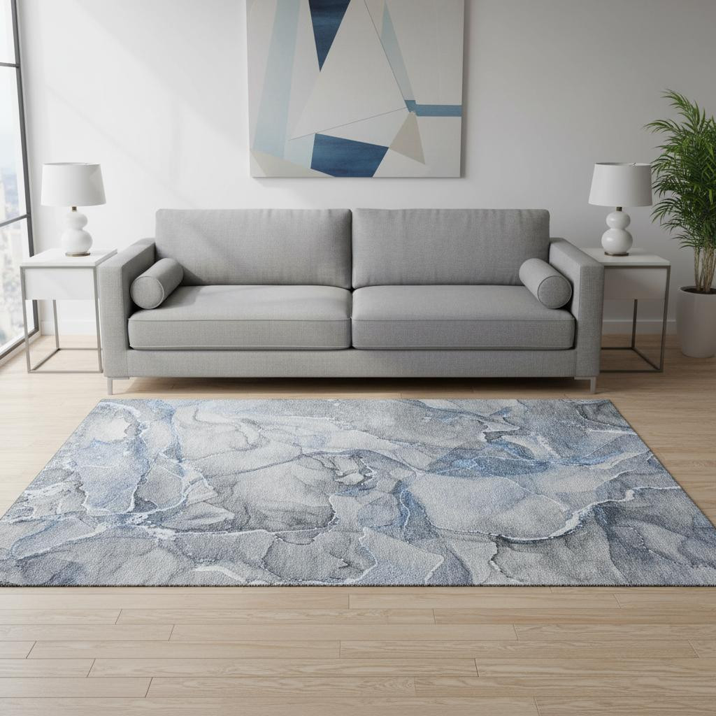 647256 5 x 8 ft. Blue & Ivory Abstract Transitional Washable Machine Made Rectangle Area Rug with UV Protection
