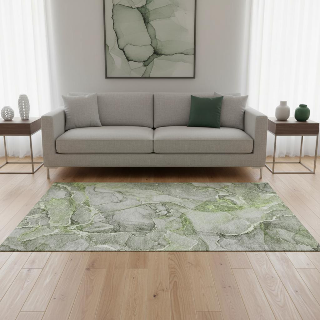647268 5 x 8 ft. Green & Ivory Abstract Transitional Washable Machine Made Rectangle Area Rug with UV Protection