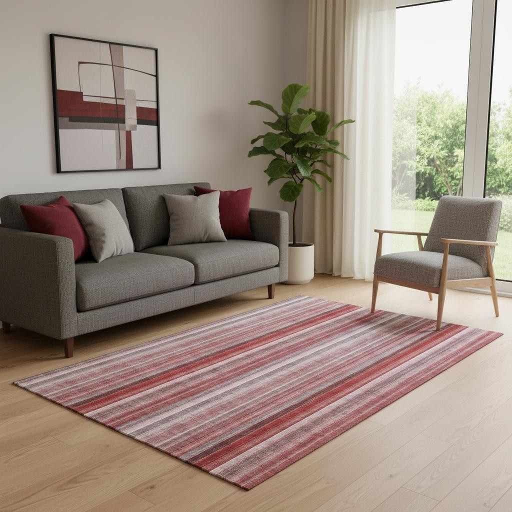648408 5 x 8 ft. Red & Ivory Striped Transitional Washable Machine Made Rectangle Area Rug with UV Protection