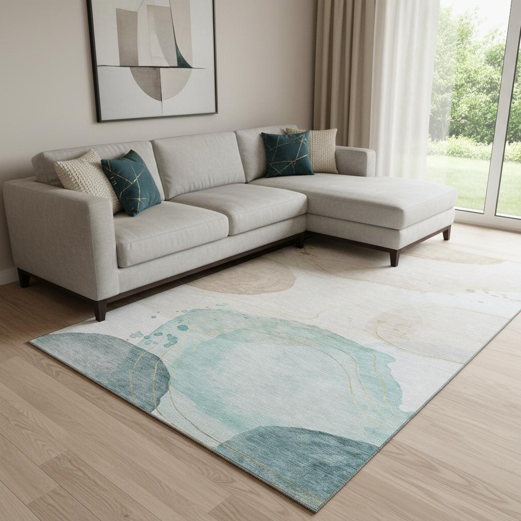 648460 10 x 14 ft. Beige, Ivory & Teal Abstract Washable Machine Made Rectangle Area Rug with UV Protection