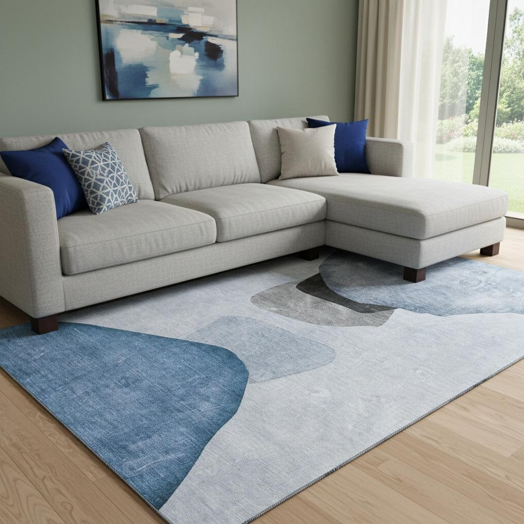 648466 10 x 14 ft. Blue & Gray Abstract Transitional Washable Machine Made Rectangle Area Rug with UV Protection