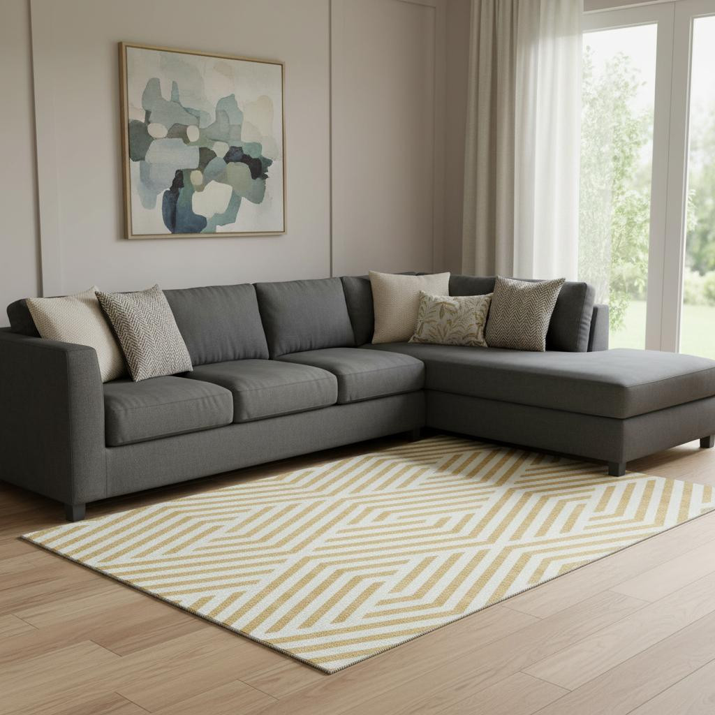 648538 10 x 14 ft. Gold & Ivory Geometric Transitional Washable Machine Made Rectangle Area Rug with UV Protection