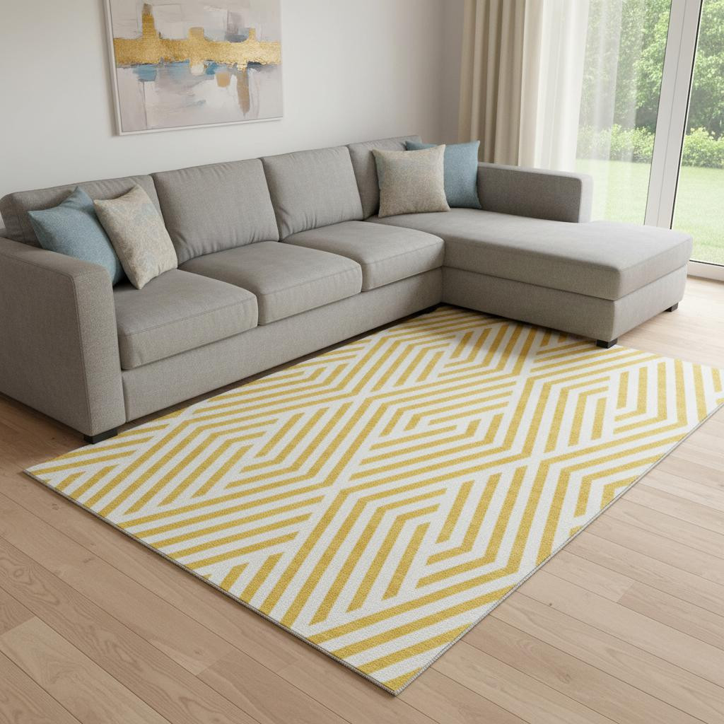 648610 10 x 14 ft. Yellow & Ivory Geometric Transitional Washable Machine Made Rectangle Area Rug with UV Protection