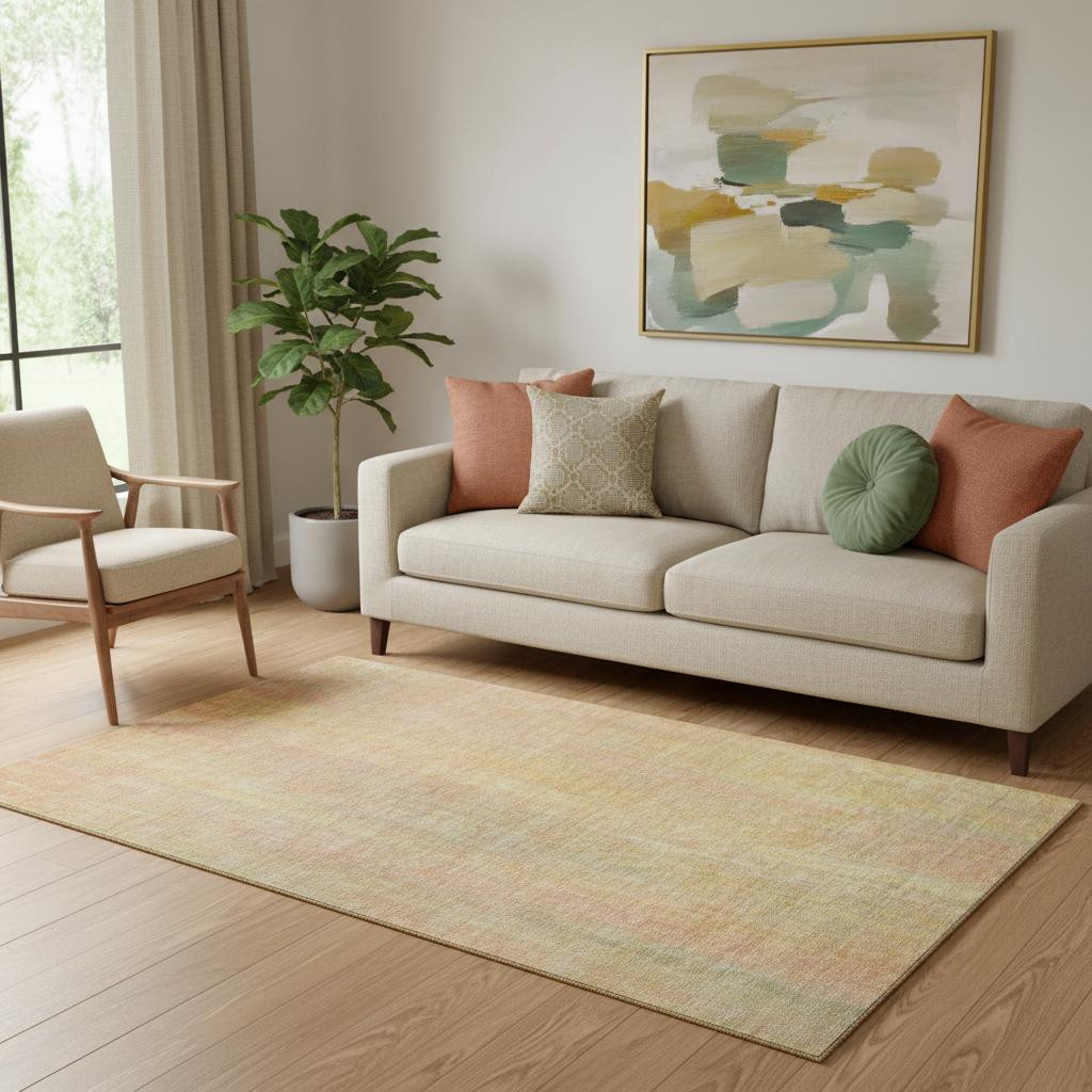 648726 5 x 8 ft. Blush & Gold Striped Washable Machine Made Rectangle Area Rug with UV Protection