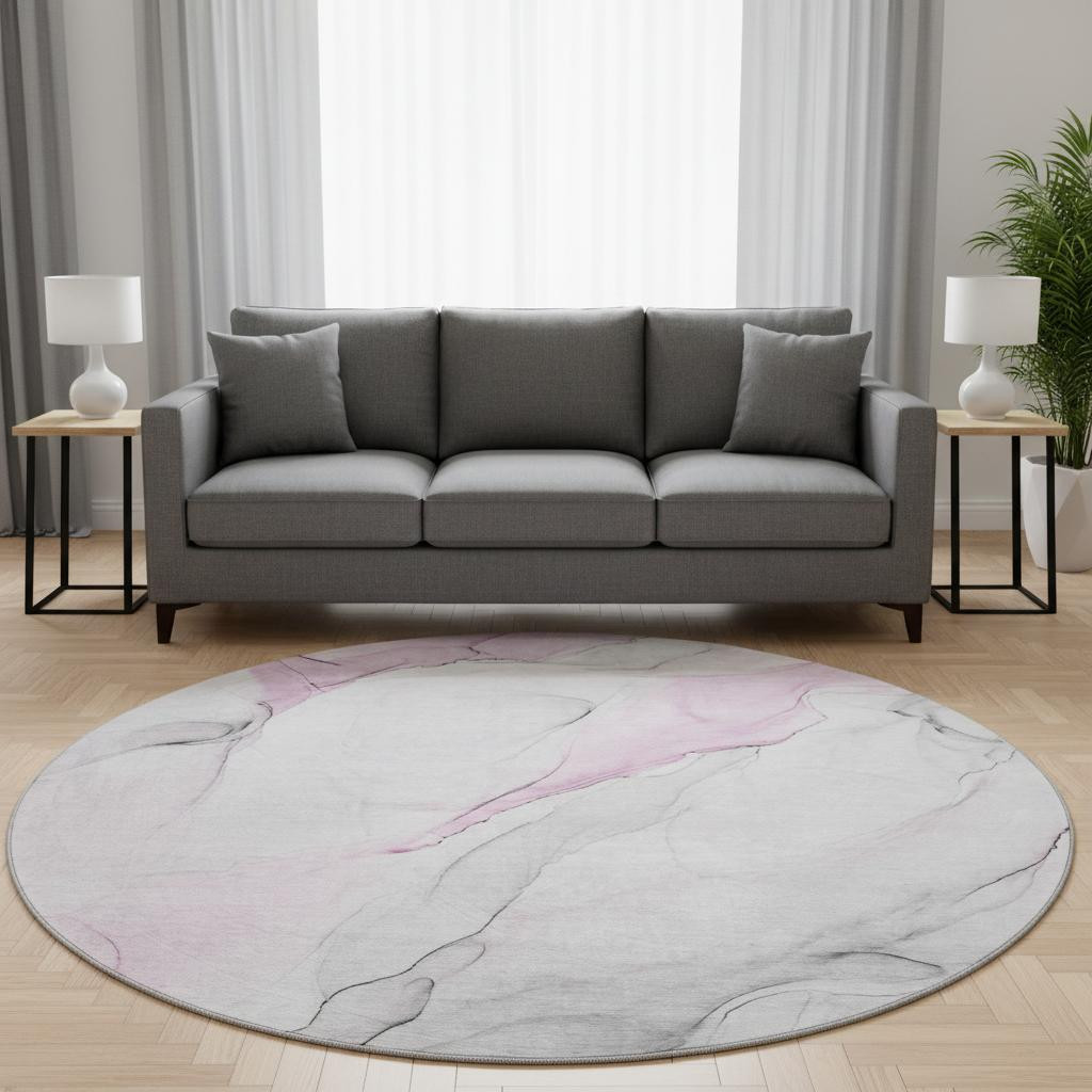 647149 8 ft. Pink & Ivory Abstract Transitional Washable Round Area Rug with UV Protection