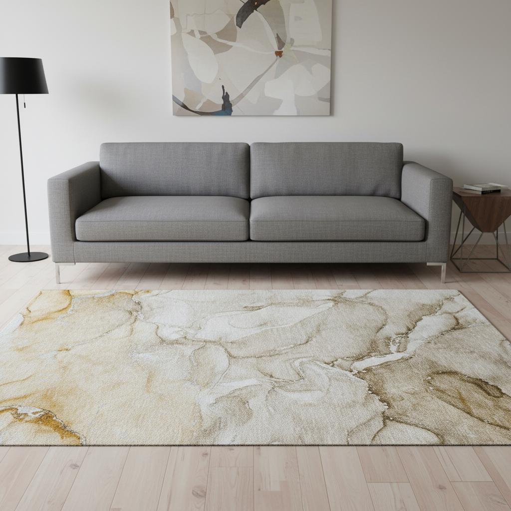 647160 5 x 8 ft. Brown & Ivory Abstract Transitional Washable Machine Made Rectangle Area Rug with UV Protection