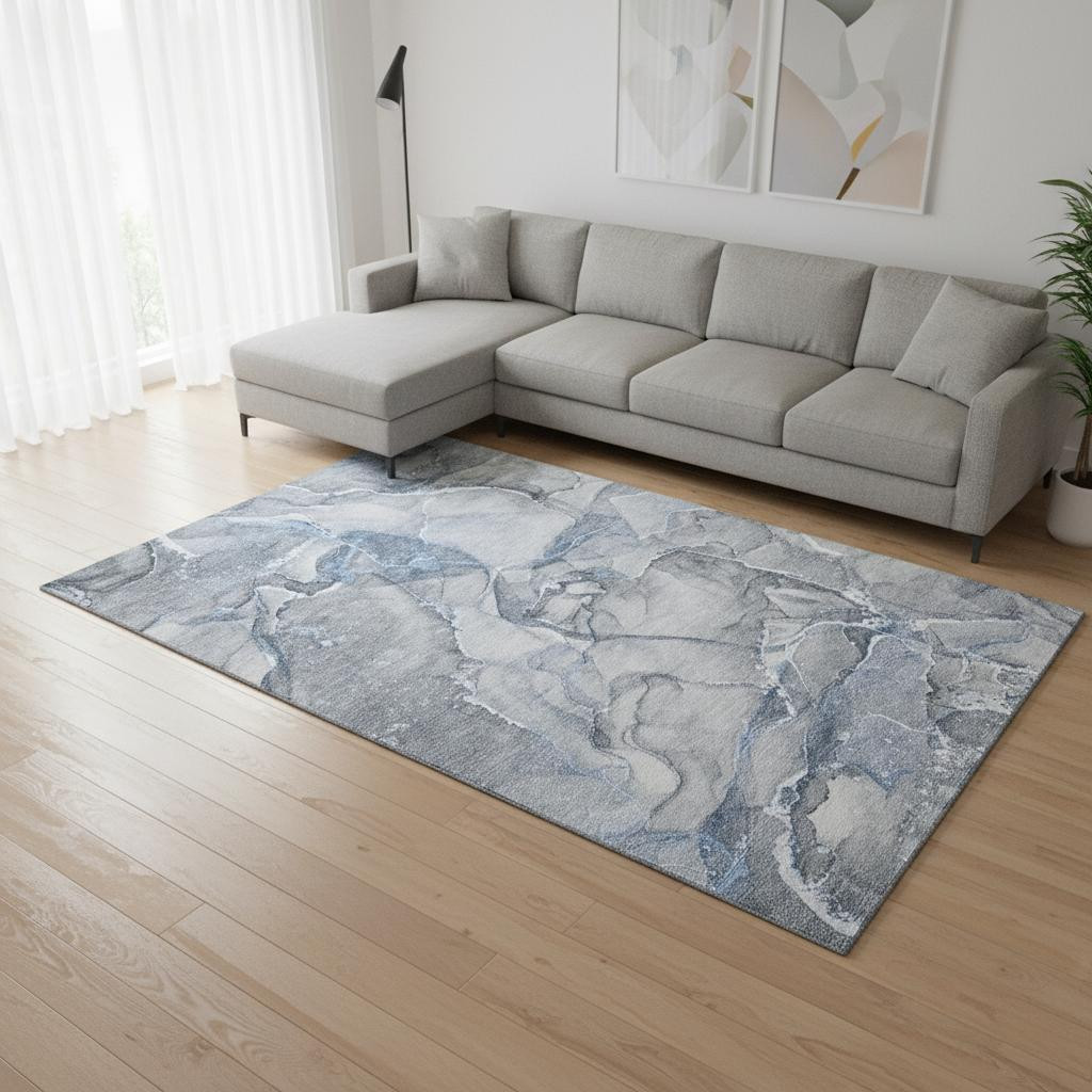 647258 8 x 10 ft. Blue & Ivory Abstract Transitional Washable Machine Made Rectangle Area Rug with UV Protection
