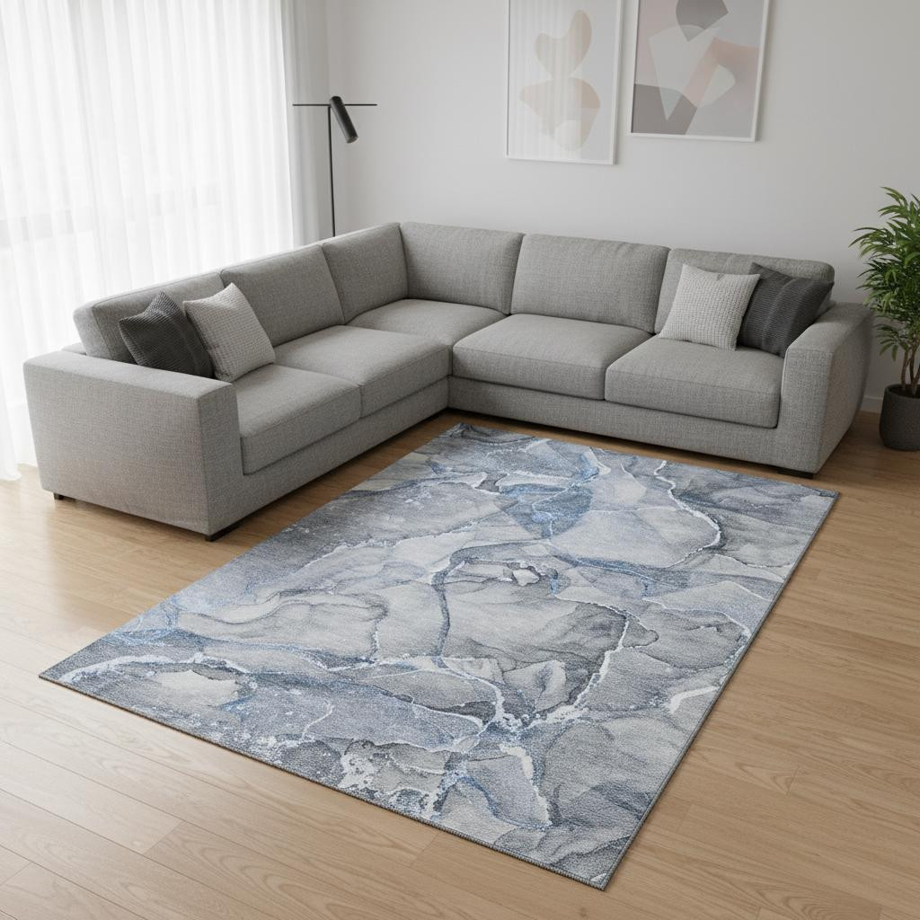 647259 9 x 12 ft. Blue & Ivory Abstract Transitional Washable Machine Made Rectangle Area Rug with UV Protection