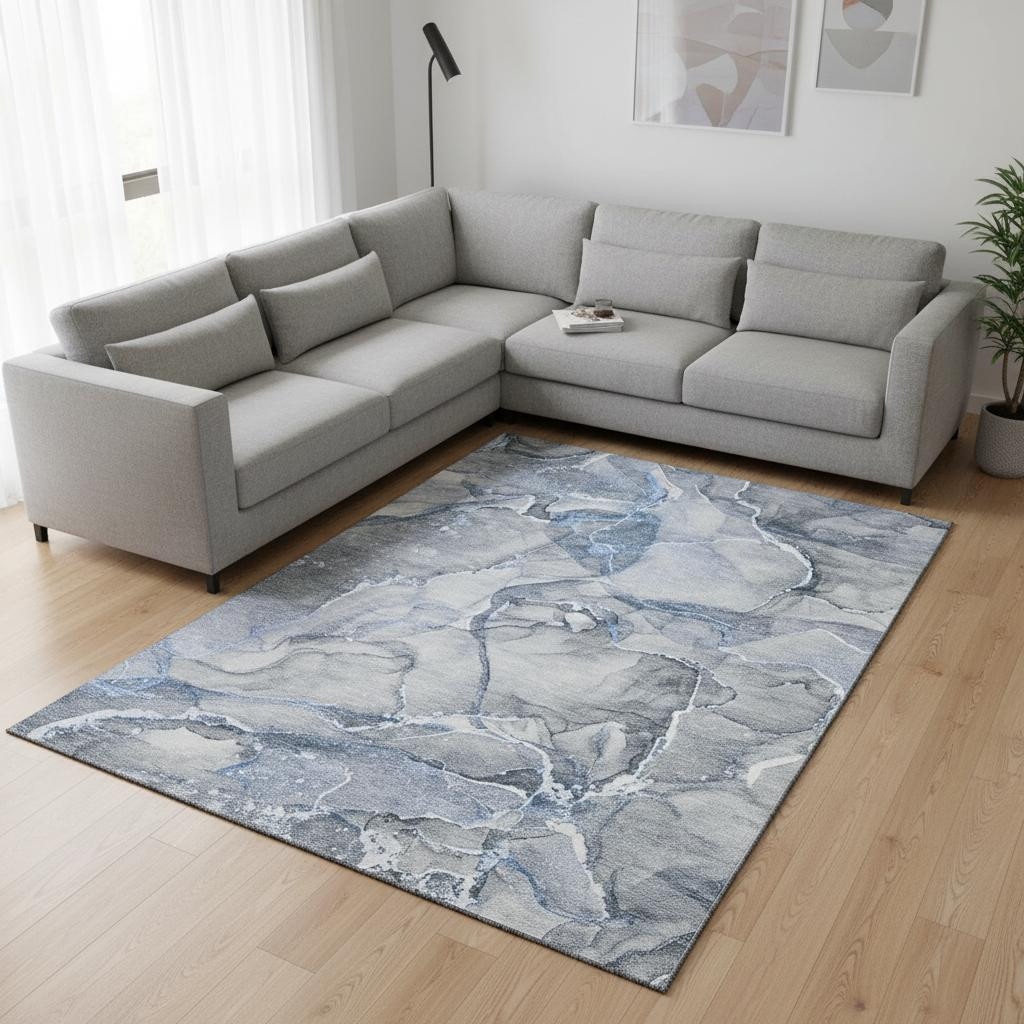 647260 10 x 14 ft. Blue & Ivory Abstract Transitional Washable Machine Made Rectangle Area Rug with UV Protection