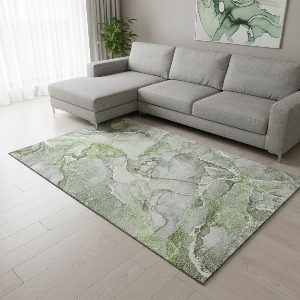 647271 9 x 12 ft. Green & Ivory Abstract Transitional Washable Machine Made Rectangle Area Rug with UV Protection