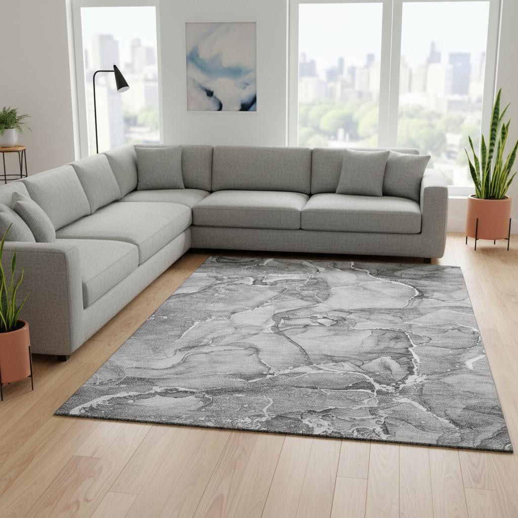 647277 9 x 12 ft. Pewter & Ivory Abstract Washable Machine Made Rectangle Area Rug with UV Protection