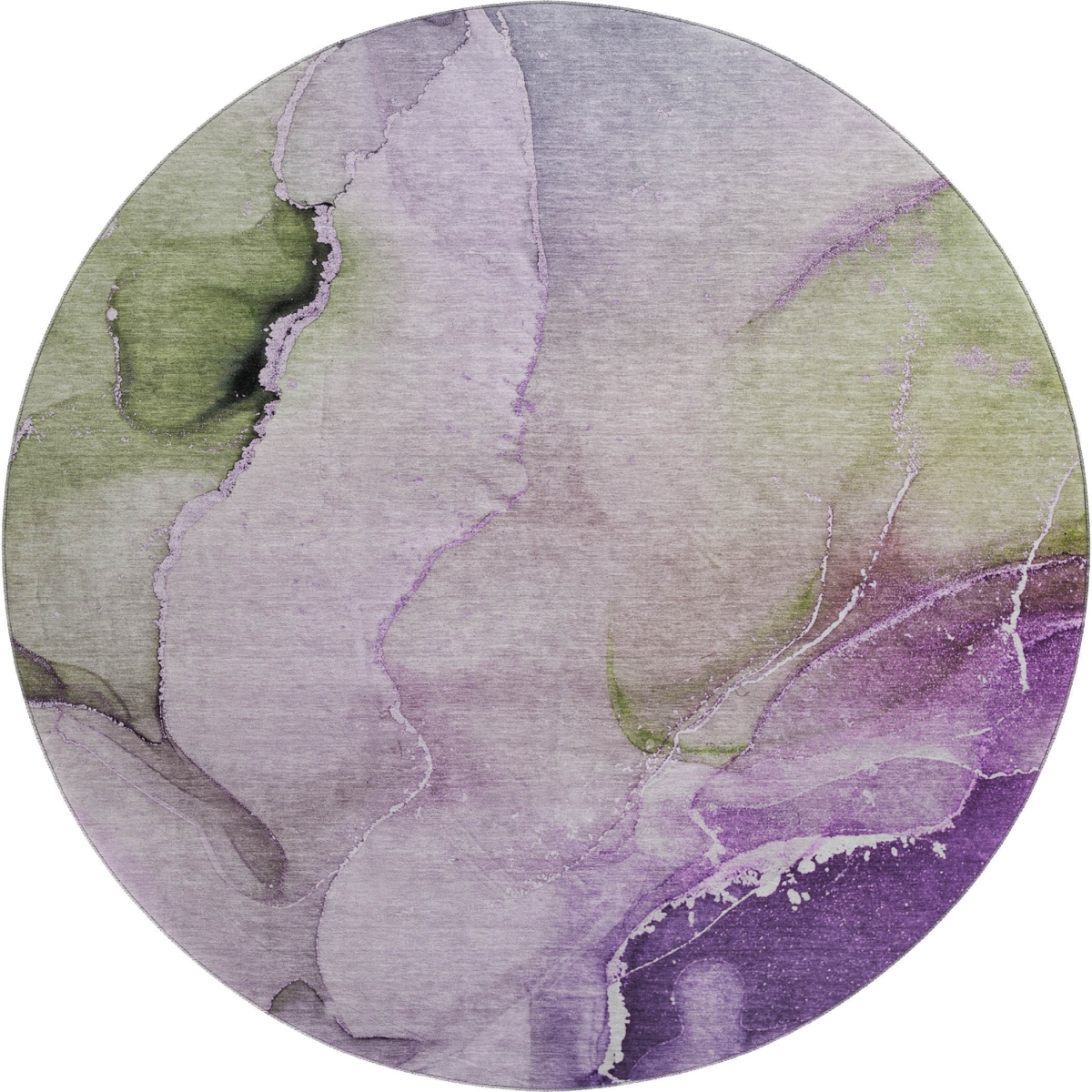 647341 8 ft. Purple, Ivory & Green Abstract Transitional Washable Round Area Rug with UV Protection