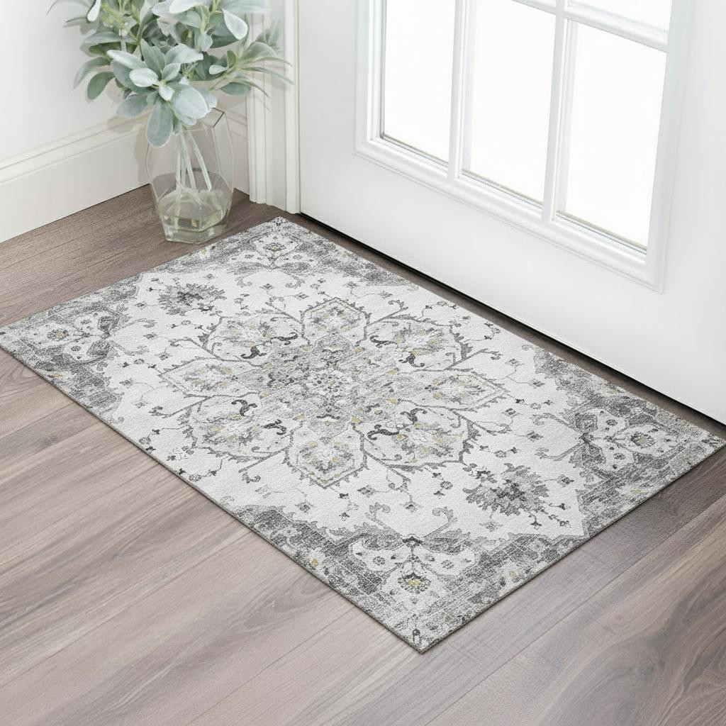 644527 3 x 5 ft. Light Gray, Ivory & Gold Floral Medallion Washable Machine Made Rectangle Area Rug with UV Protection