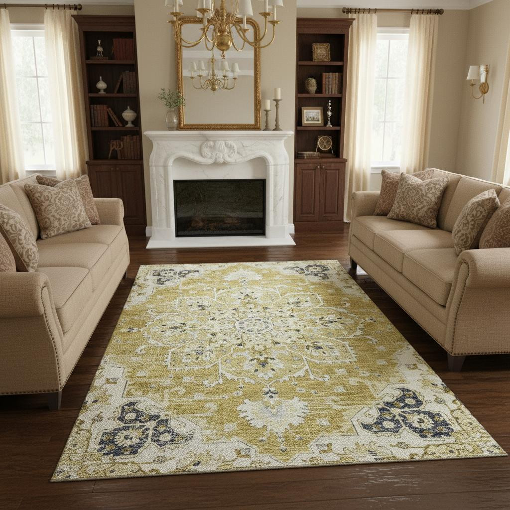 644537 9 x 12 ft. Gold Ivory & Blue Floral Medallion Washable Machine Made Rectangle Area Rug with UV Protection