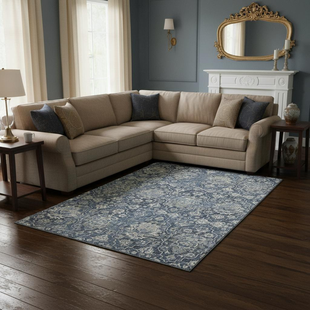 644567 9 x 12 ft. Blue & Ivory Floral Medallion Washable Machine Made Rectangle Area Rug with UV Protection
