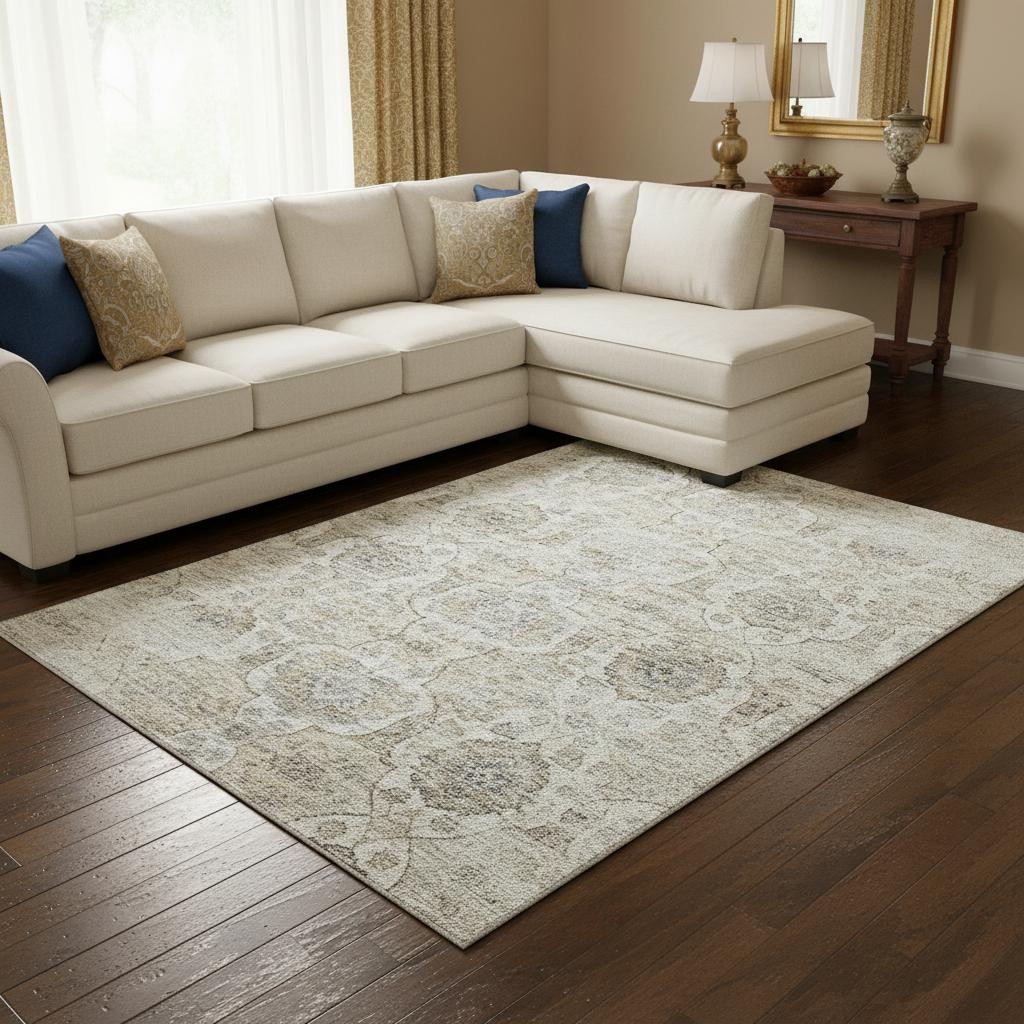 644579 9 x 12 ft. Linen & Ivory Floral Medallion Washable Machine Made Rectangle Area Rug with UV Protection
