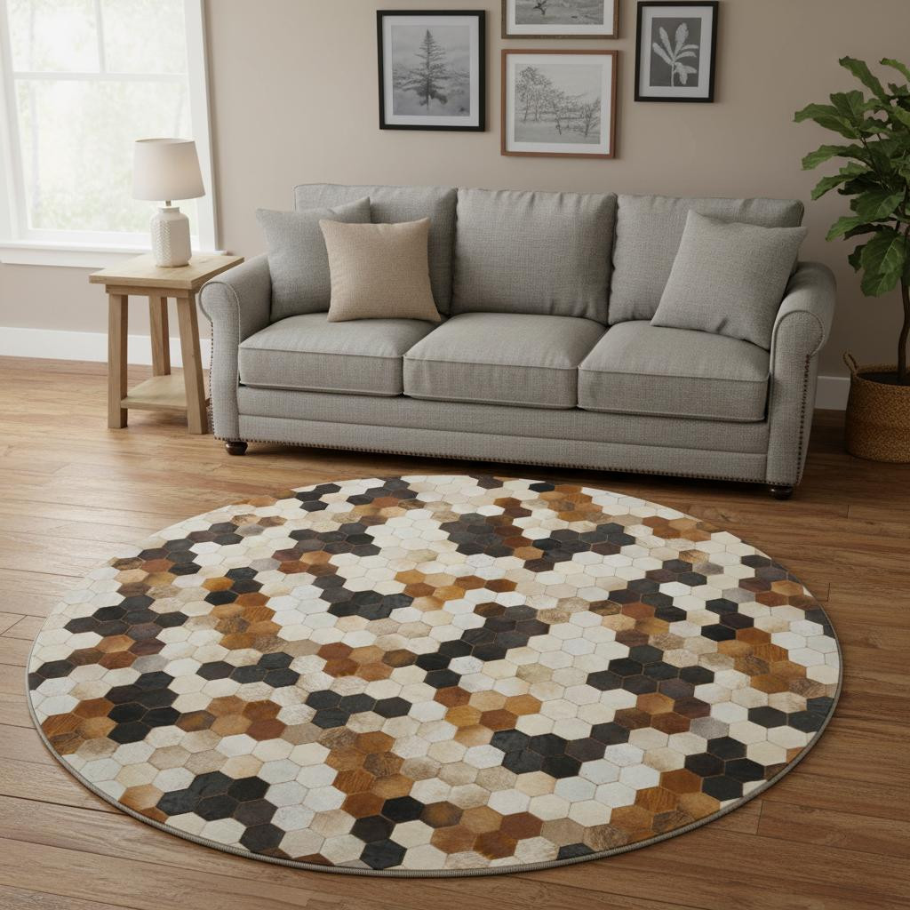 644715 8 ft. Black Brown & Ivory Geometric Washable Round Area Rug with UV Protection