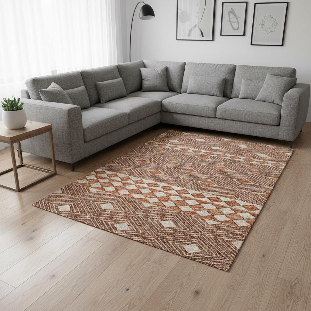 644758 8 x 10 ft. Burnt Sienna & Ivory Geometric Washable Machine Made Rectangle Area Rug with UV Protection