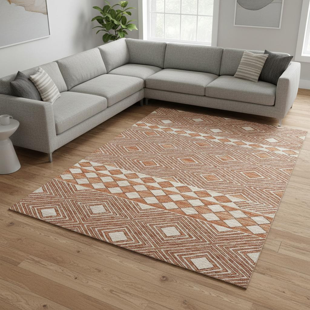 644760 10 x 14 ft. Burnt Sienna & Ivory Geometric Washable Machine Made Rectangle Area Rug with UV Protection