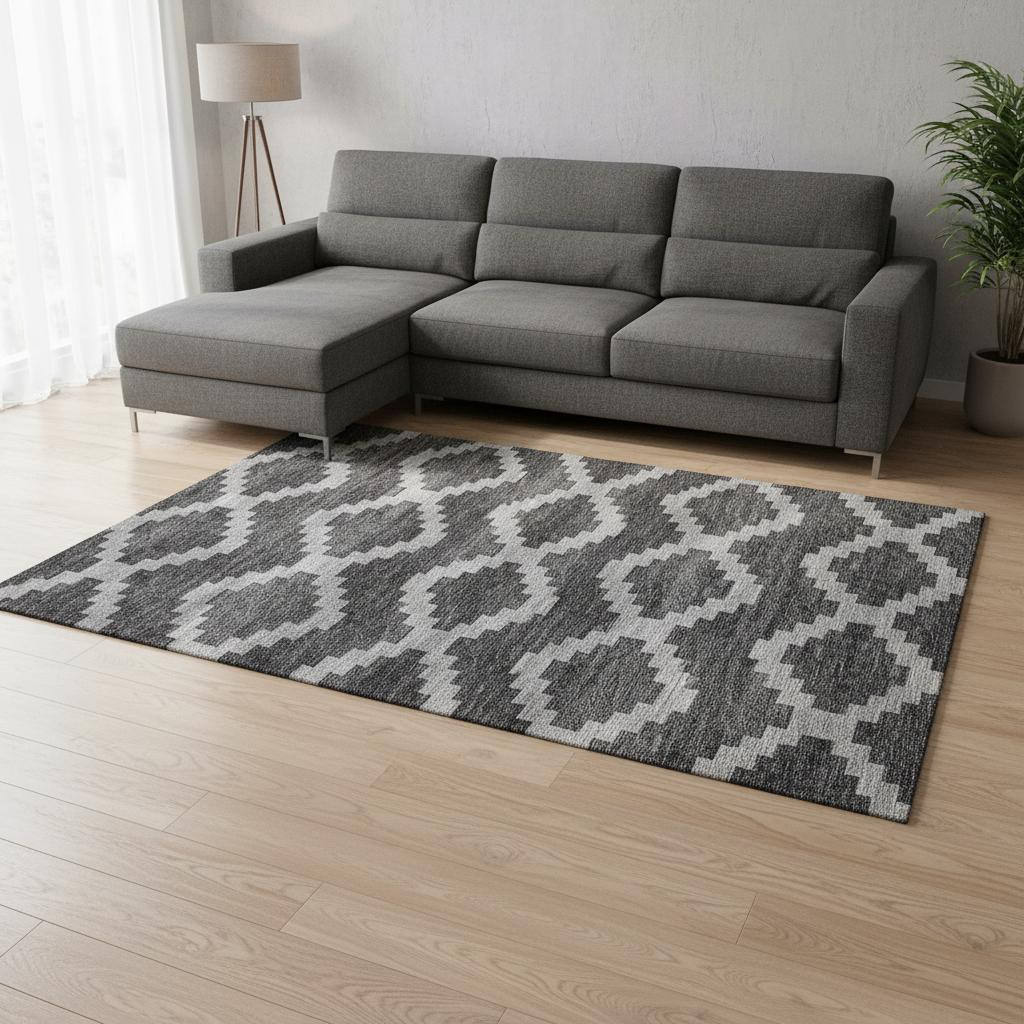 644957 9 x 12 ft. Gray, Ivory & Charcoal Tribal Washable Machine Made Rectangle Area Rug with UV Protection