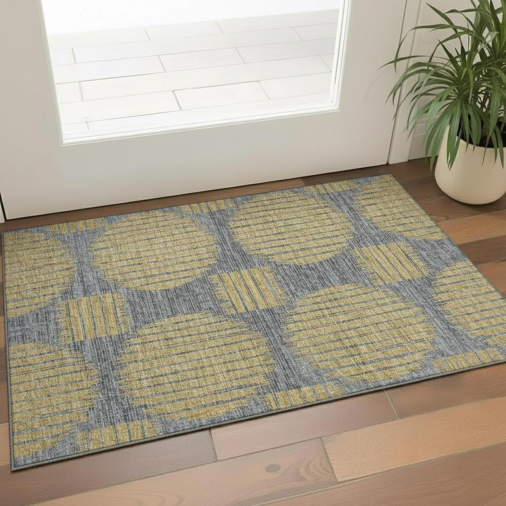645044 3 x 5 ft. Gold & Gray Geometric Transitional Washable Machine Made Rectangle Area Rug with UV Protection