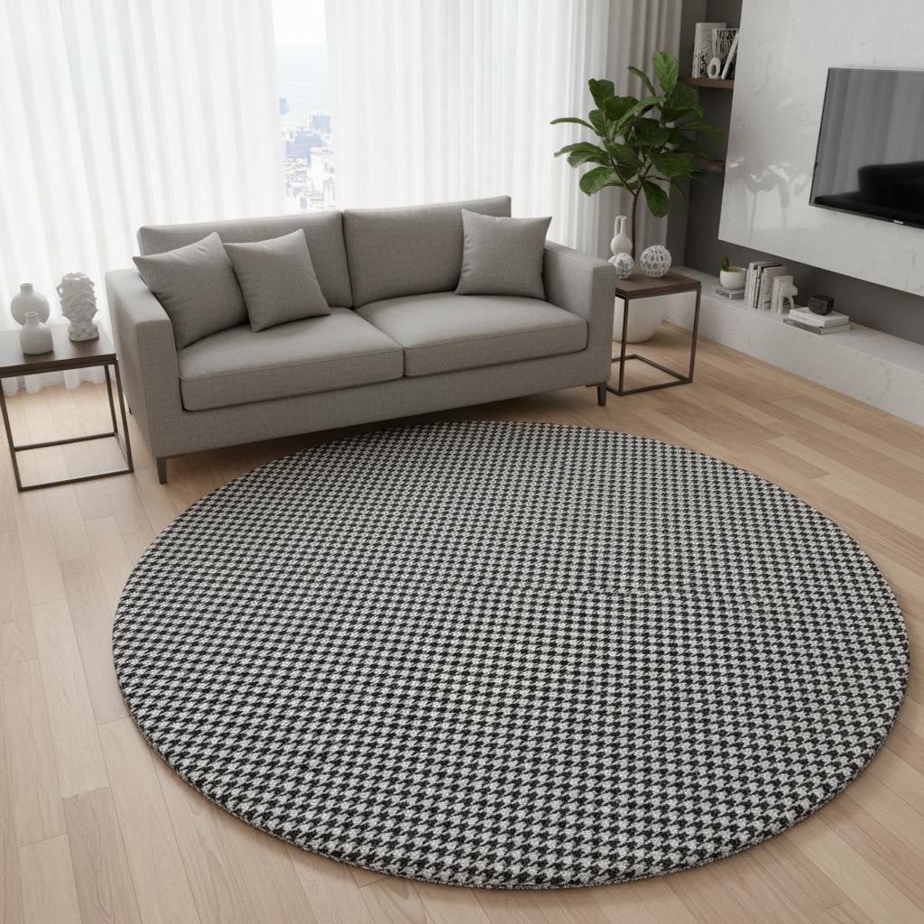 645172 8 ft. Black & White Houndstooth Washable Round Area Rug with UV Protection