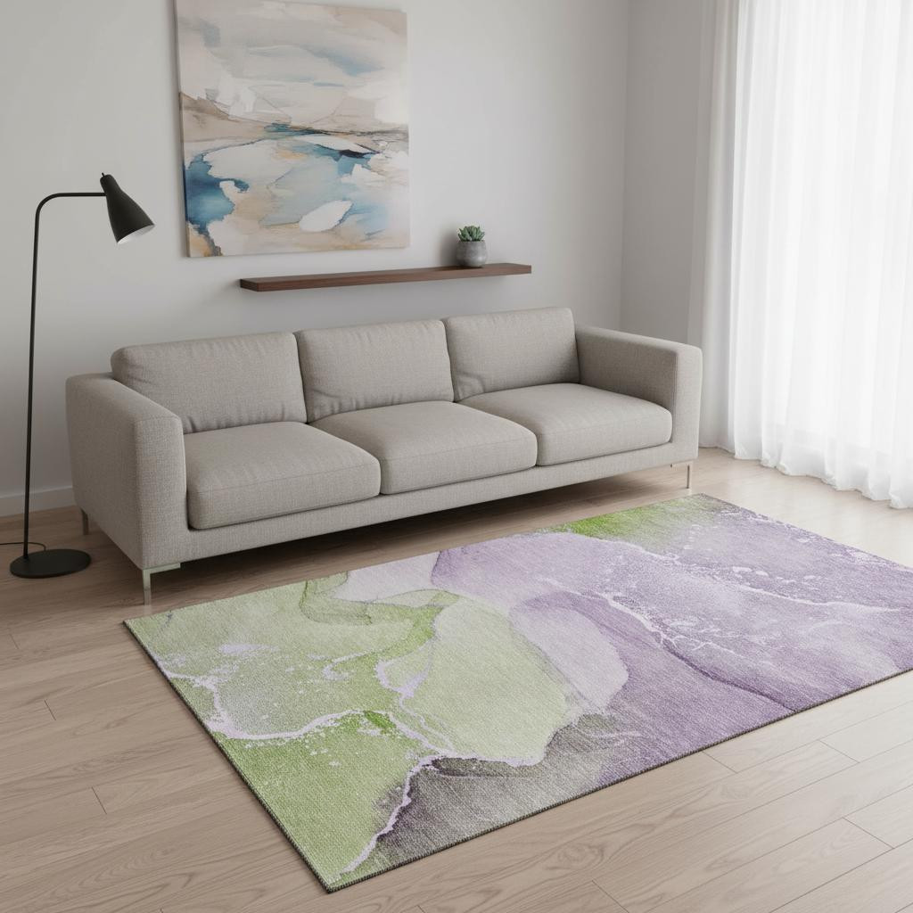 647208 5 x 8 ft. Purple, Green & Ivory Abstract Transitional Washable Machine Made Rectangle Area Rug with UV Protection