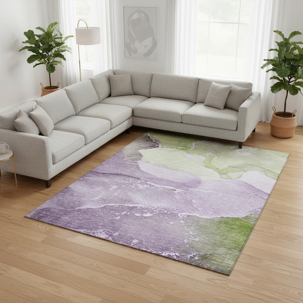 647212 10 x 14 ft. Purple, Green & Ivory Abstract Transitional Washable Machine Made Rectangle Area Rug with UV Protection