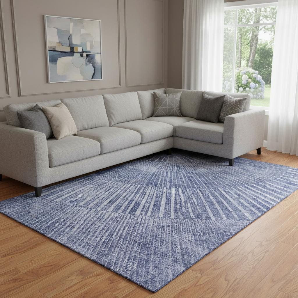 648340 10 x 14 ft. Navy Blue & Ivory Geometric Transitional Washable Machine Made Rectangle Area Rug with UV Protection