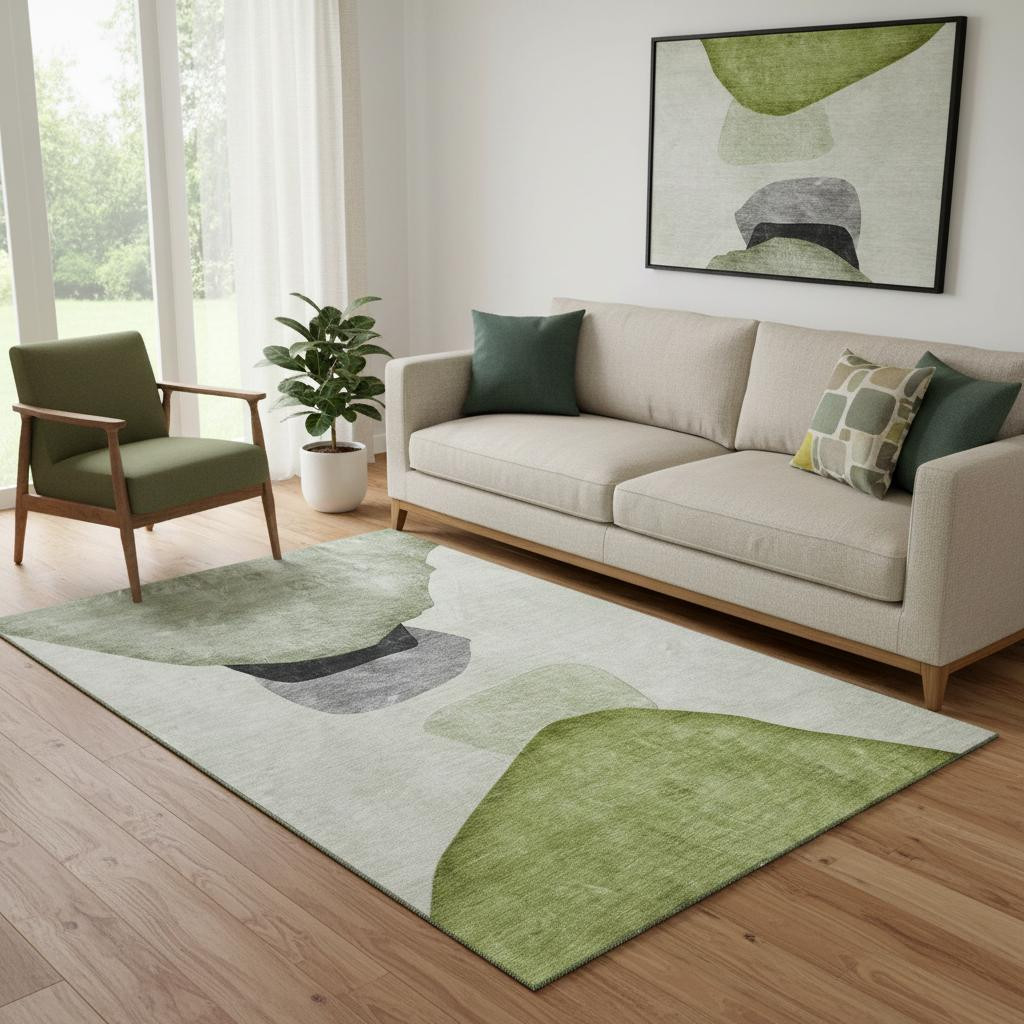 648480 5 x 8 ft. Green & Gray Abstract Transitional Washable Machine Made Rectangle Area Rug with UV Protection