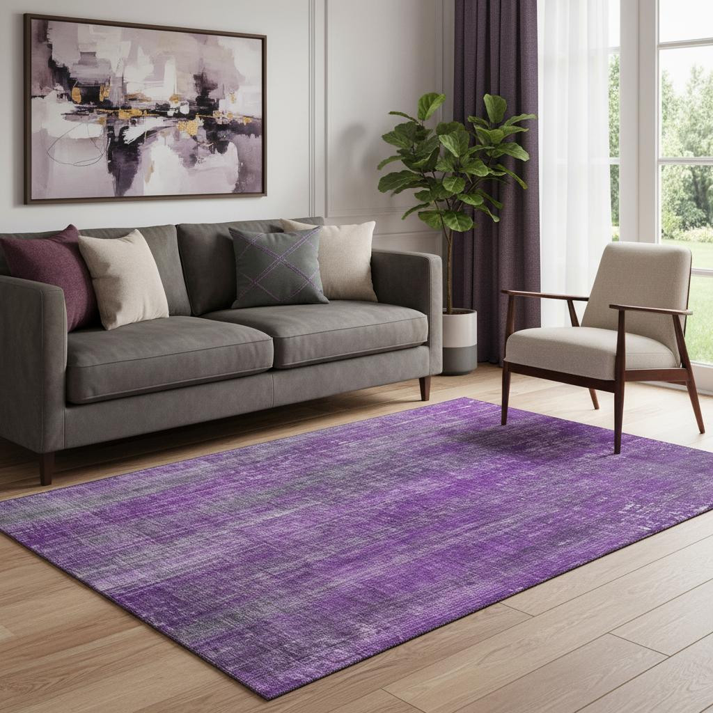 648756 5 x 8 ft. Purple & Ivory Striped Transitional Washable Machine Made Rectangle Area Rug with UV Protection