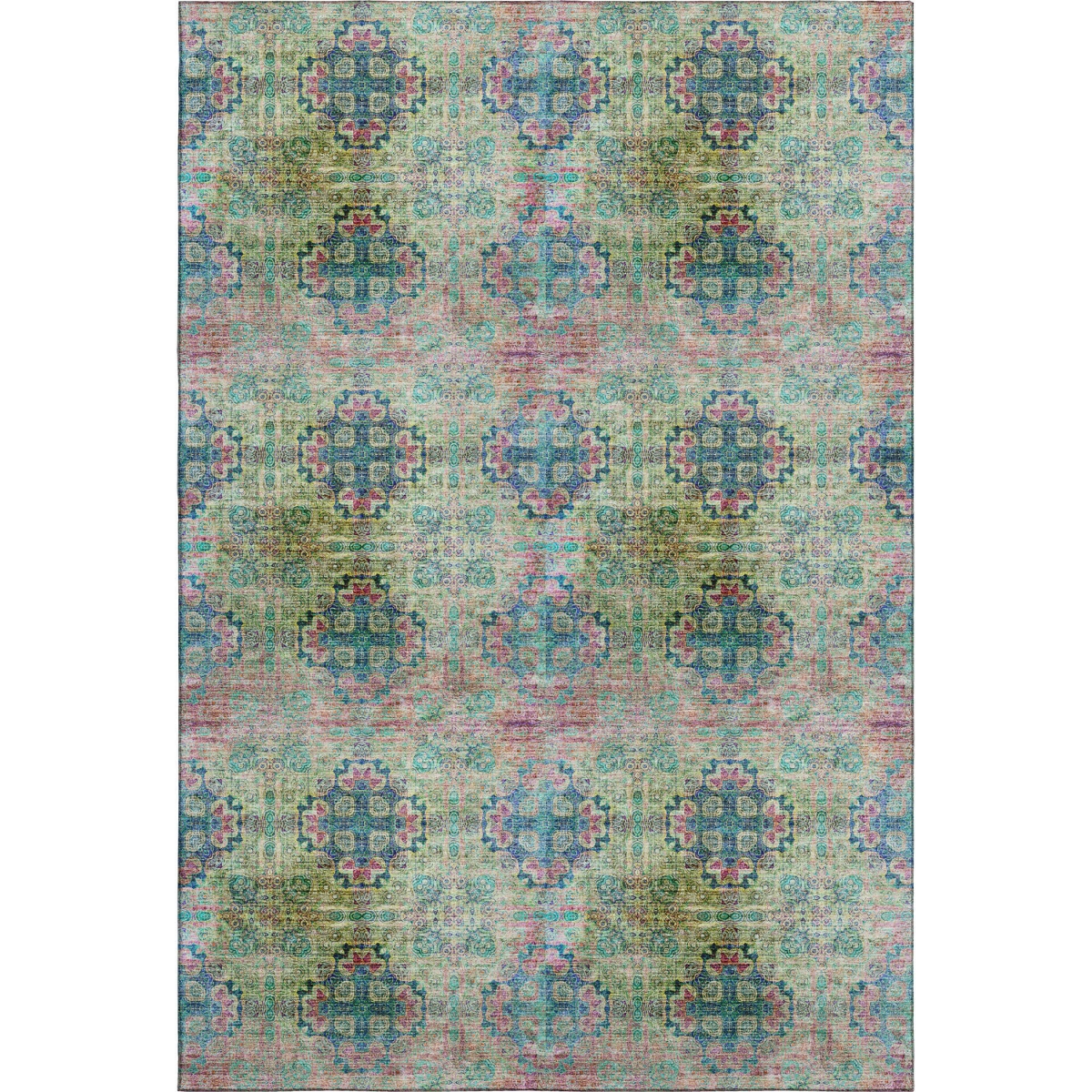 648924 5 x 8 ft. Green Blush & Teal Floral Medallion Washable Machine Made Rectangle Area Rug with UV Protection