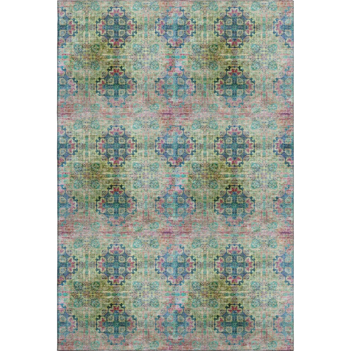 648927 9 x 12 ft. Green Blush & Teal Floral Medallion Washable Machine Made Rectangle Area Rug with UV Protection