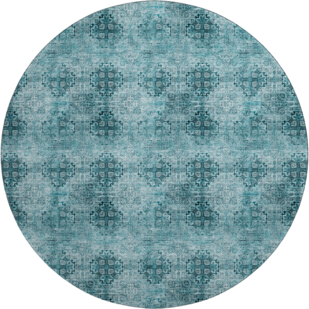 648955 8 ft. Teal & Ivory Floral Medallion Transitional Washable Round Area Rug with UV Protection