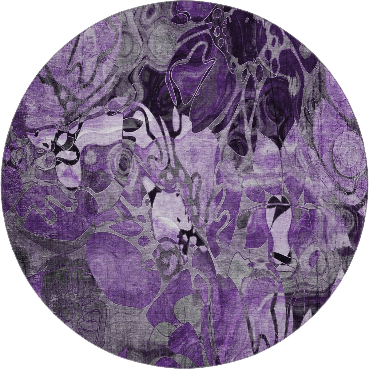 648997 8 ft. Purple & Ivory Floral Transitional Washable Round Area Rug with UV Protection