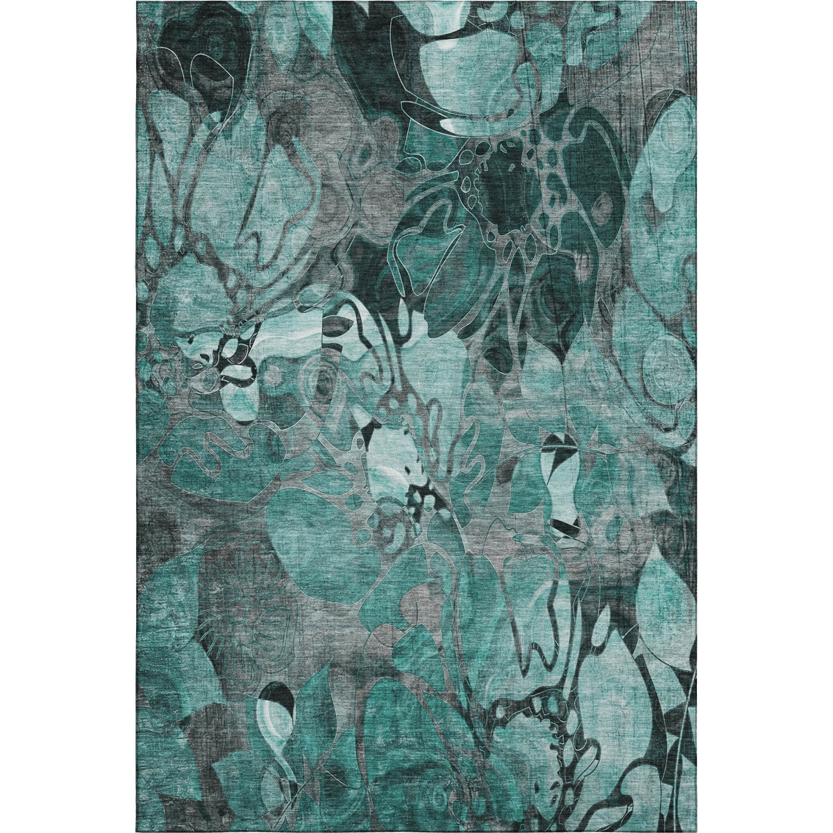 649002 5 x 8 ft. Teal & Gray Floral Transitional Washable Machine Made Rectangle Area Rug with UV Protection