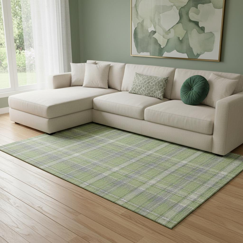 649444 10 x 14 ft. Green & Gray Plaid Transitional Washable Machine Made Rectangle Area Rug with UV Protection