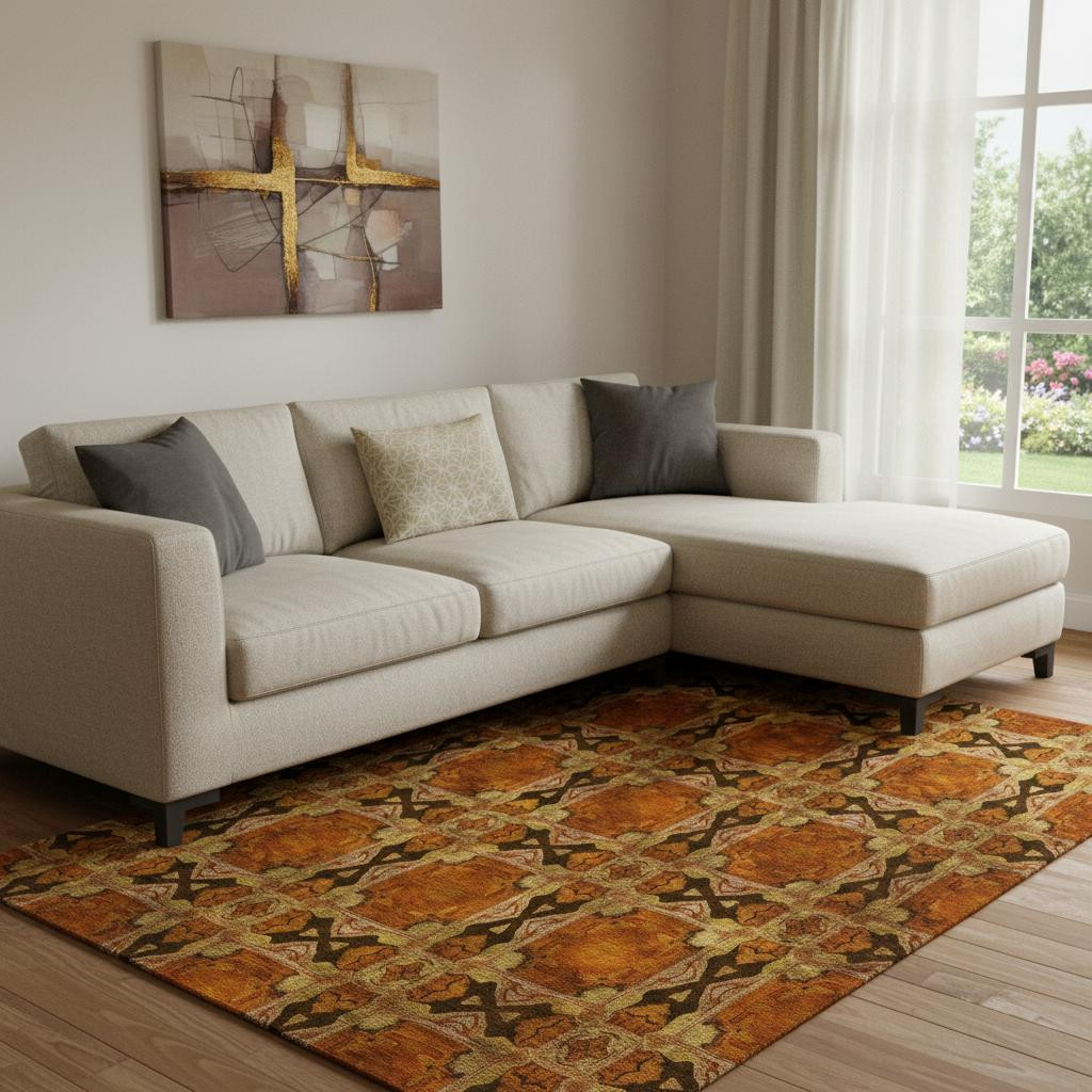 649510 10 x 14 ft. Rust Copper & Gold Floral Medallion Washable Machine Made Rectangle Area Rug with UV Protection