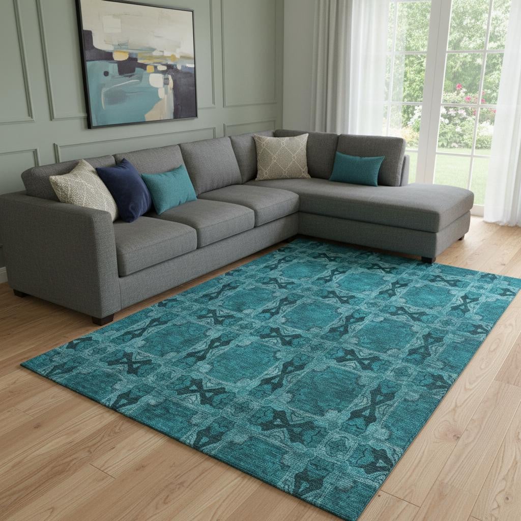 649522 10 x 14 ft. Teal & Gray Floral Medallion Washable Machine Made Rectangle Area Rug with UV Protection