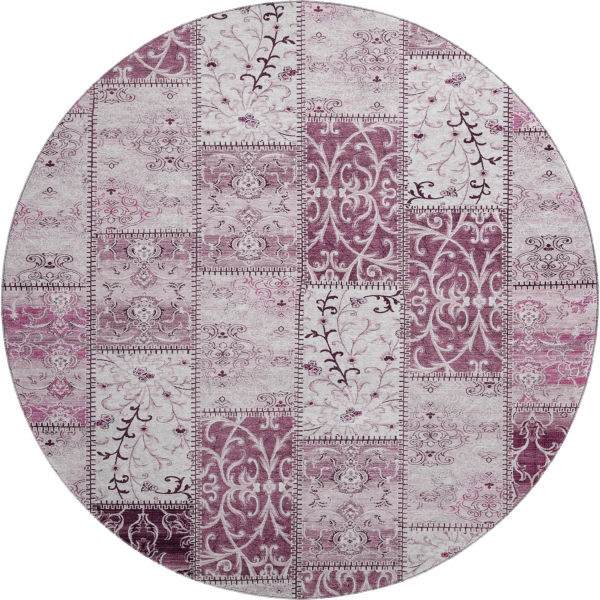 649555 8 ft. Burgundy & Ivory Patchwork Washable Round Area Rug with UV Protection