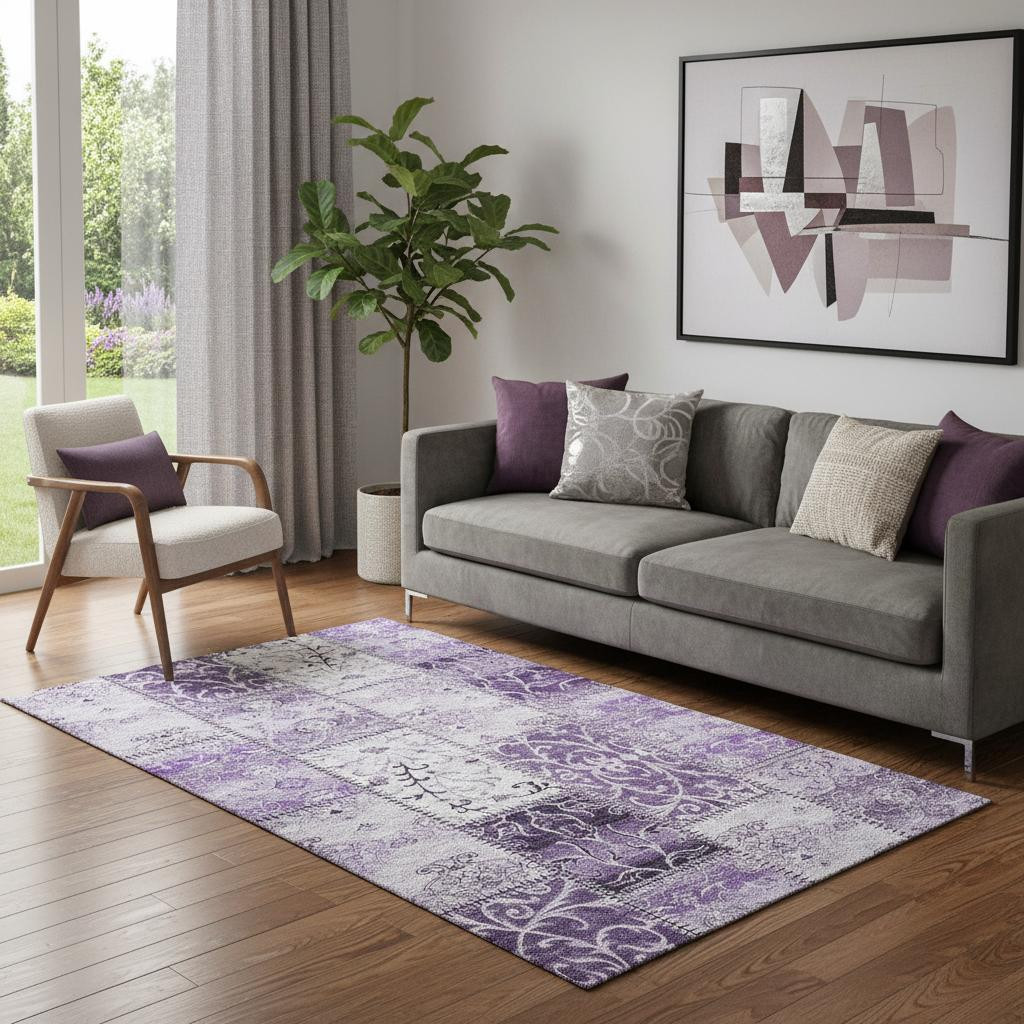 649578 5 x 8 ft. Purple & Ivory Patchwork Washable Machine Made Rectangle Area Rug with UV Protection