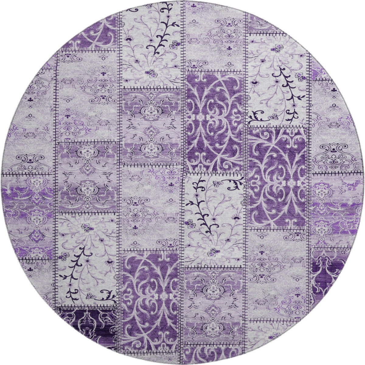 649579 8 ft. Purple & Ivory Patchwork Washable Round Area Rug with UV Protection