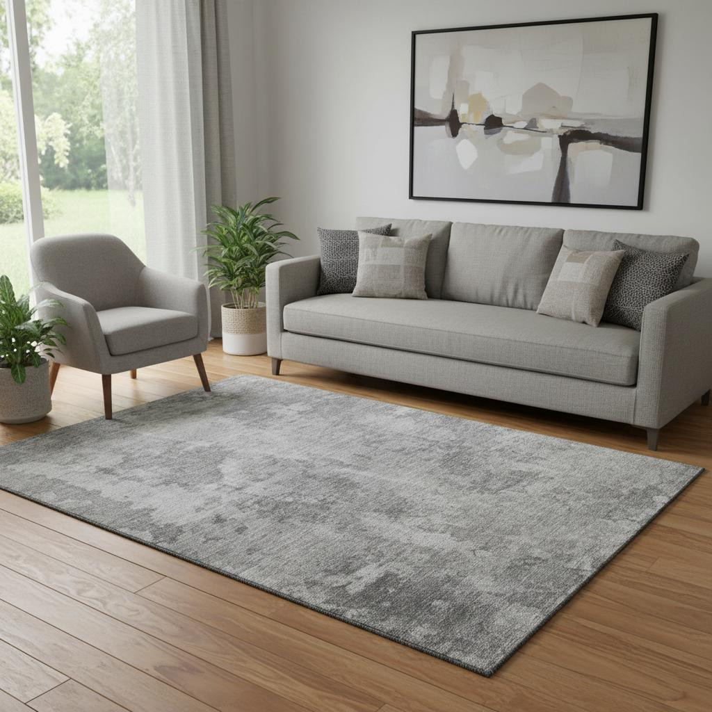649830 5 x 8 ft. Gray & Ivory Abstract Transitional Washable Machine Made Rectangle Area Rug with UV Protection