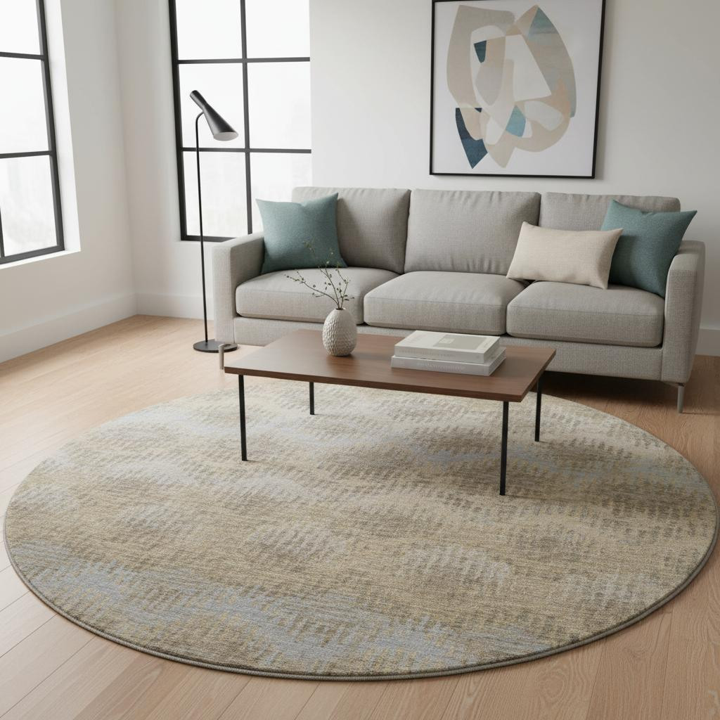 644159 8 ft. Brown, Ivory & Sky Blue Abstract Washable Round Area Rug with UV Protection
