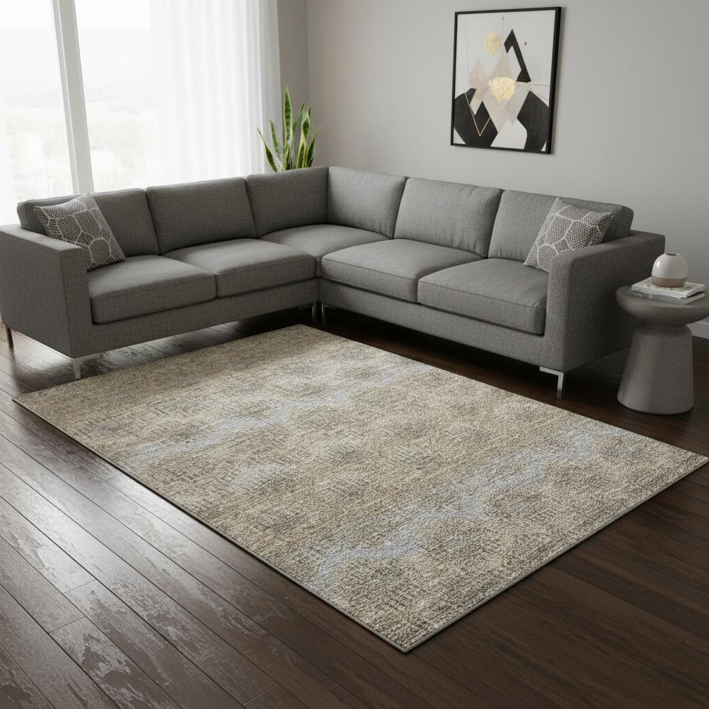 644162 10 x 14 ft. Brown, Ivory & Sky Blue Abstract Washable Machine Made Rectangle Area Rug with UV Protection