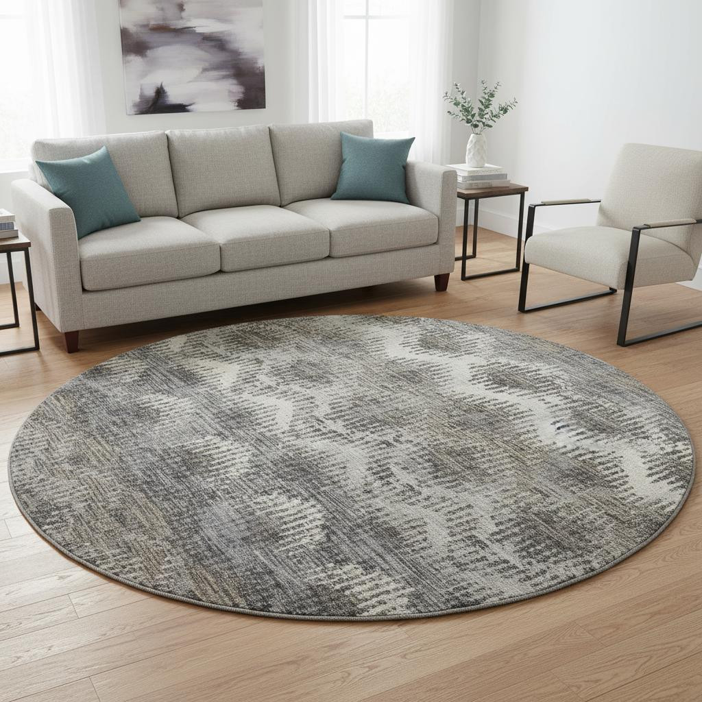 644165 8 ft. Graphite Ivory & Beige Abstract Washable Round Area Rug with UV Protection